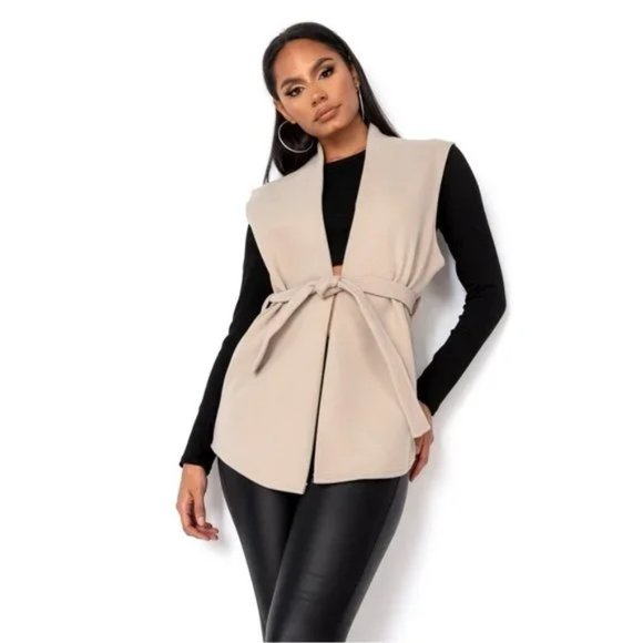 Beige Wool Blend Sleeveless Belted Vest Blazer Jacket - Picture 11 of 11